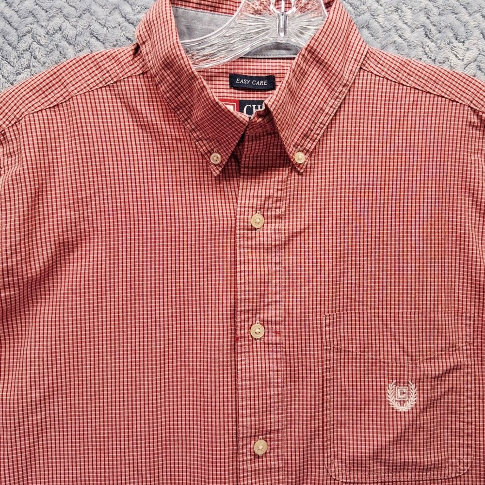 Chaps Mens Easy Care Short Sleeve Button Down Shirt Red White Micro Check Medium